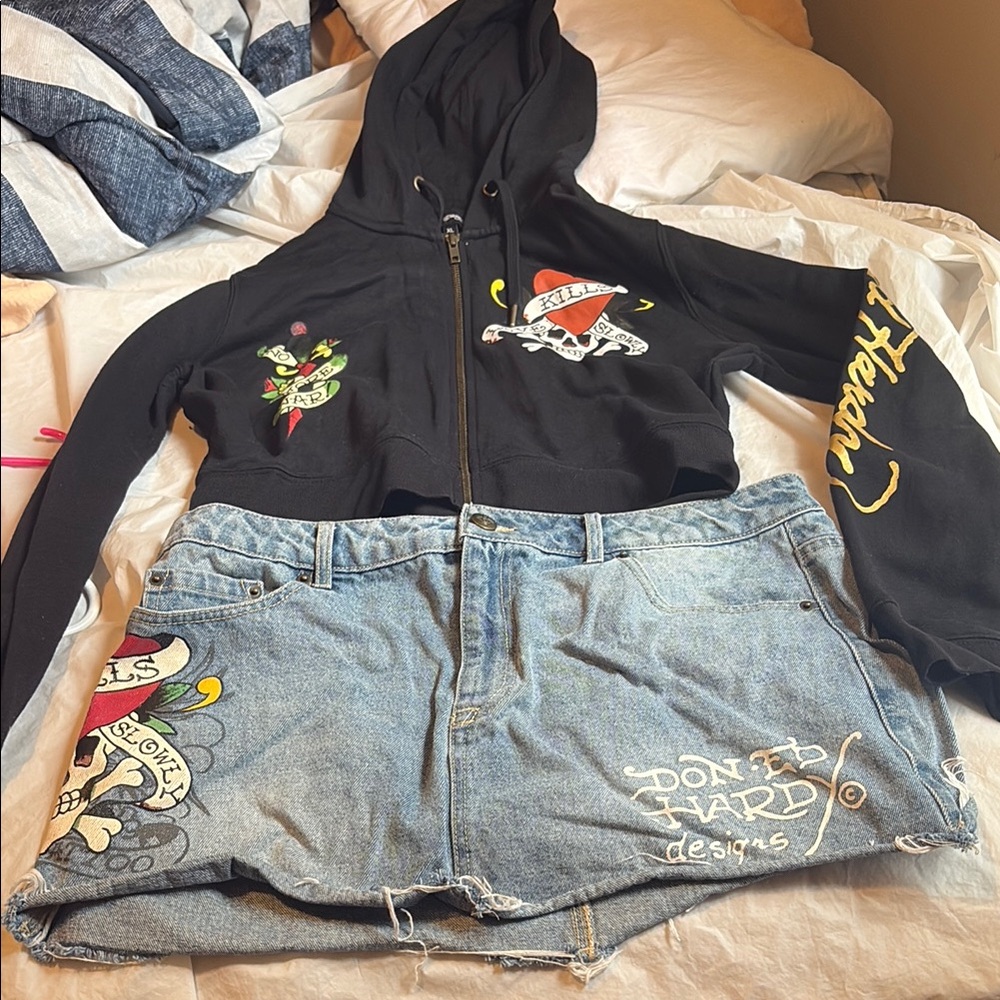 Black Graphic Hoodie and Denim Skirt Set